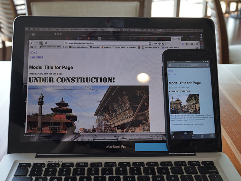 Screen shot showing LKJ's first small step of adaptive HTML coding, same site on side-by-side Macbook and iPhone.
